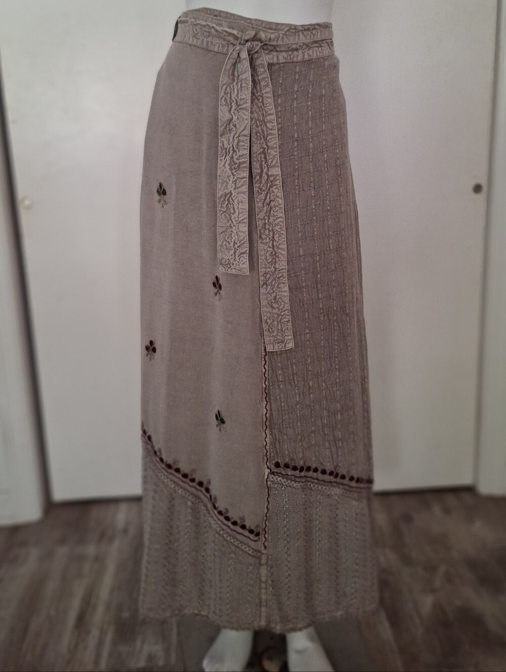 Shoreline Taupe Embroidered Wrap Maxi Skirt with Tie Waist